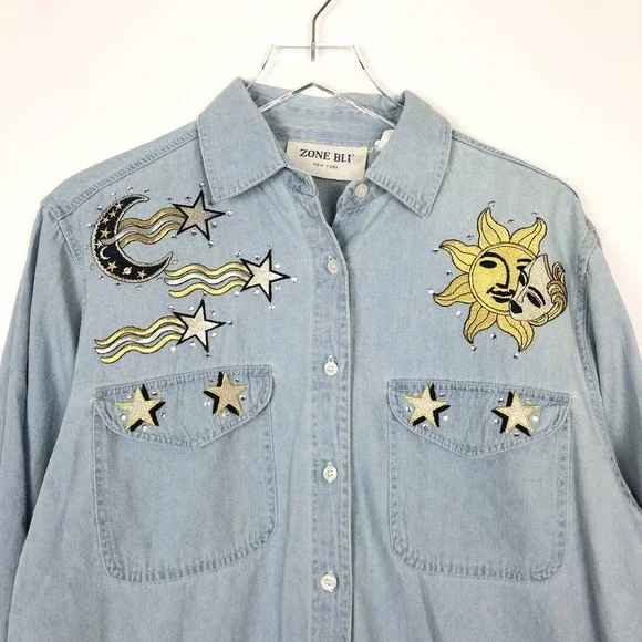 Vintage Denim Button Front Shirt Sun Moon Stars Applique Patches Rhinestones M - Picture 3 of 6